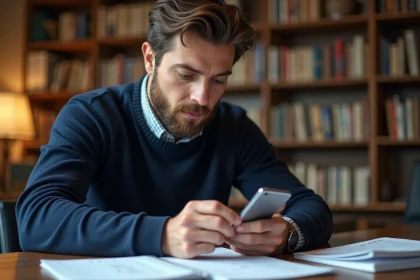 Homme calculant le nombre de jours depuis sa naissance sur une application mobile avec des notes et un calendrier papier sur son bureau