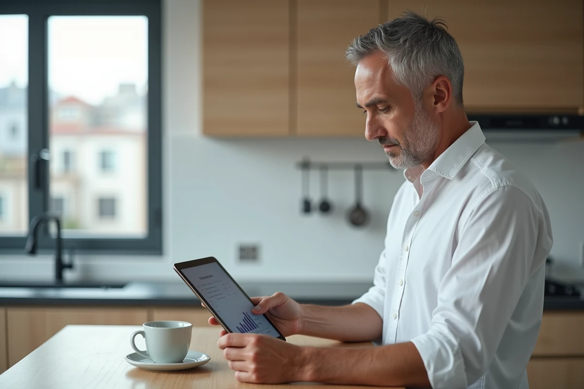 Homme d'âge mûr consultant une page web de calcul du nombre de jours depuis la naissance sur une tablette dans une cuisine moderne