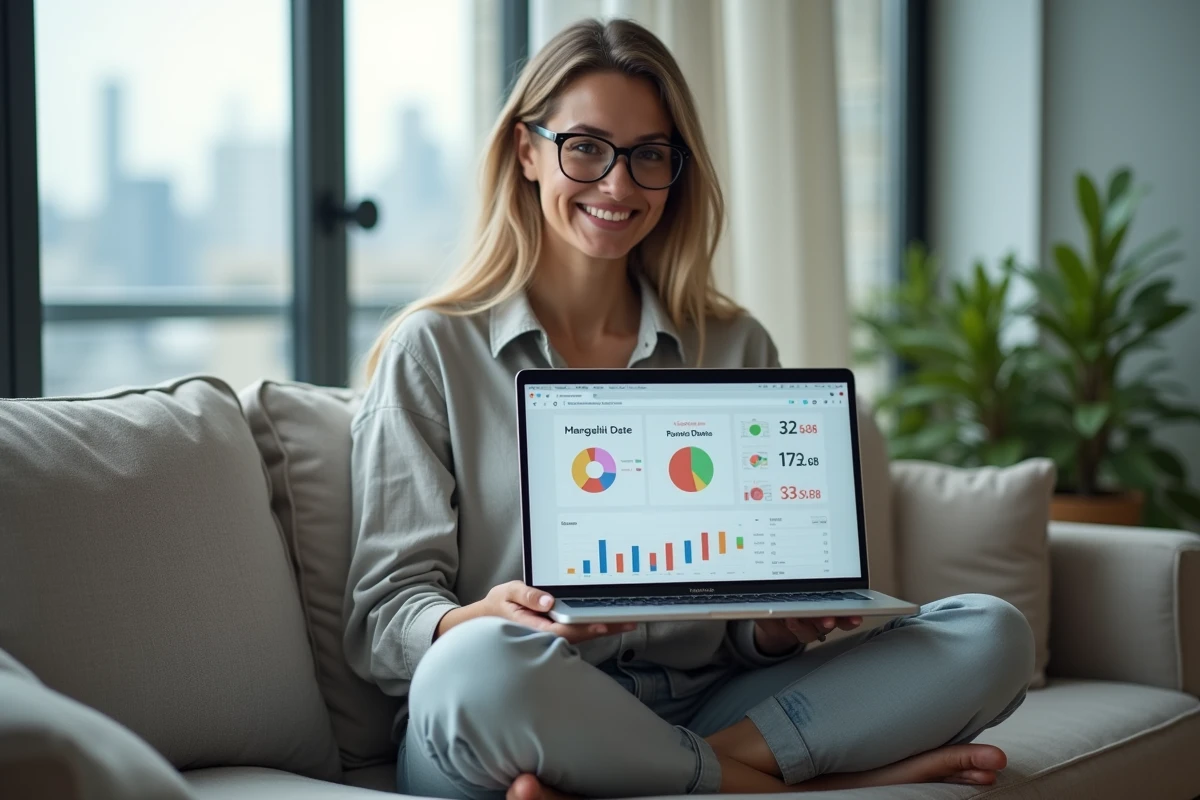Femme curieuse consultant un site de calcul statistique personnel sur son ordinateur portable dans un salon cosy