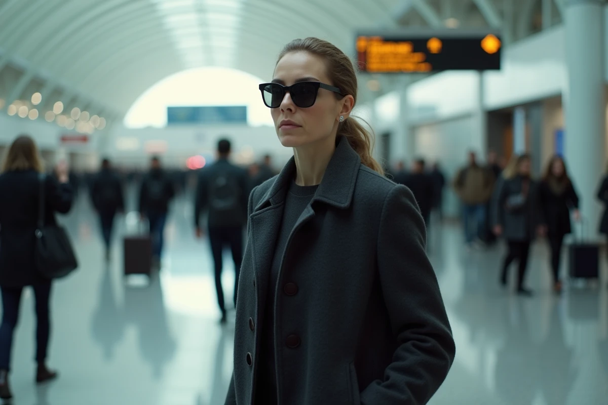 Femme célèbre traversant un aéroport bondé incognito avec chapeau et lunettes de soleil, regard méfiant cherchant à éviter d'être reconnue