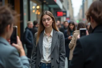 Jeune femme célèbre entourée de fans qui la photographient avec leur téléphone dans une rue urbaine, expression fatiguée et regard distant