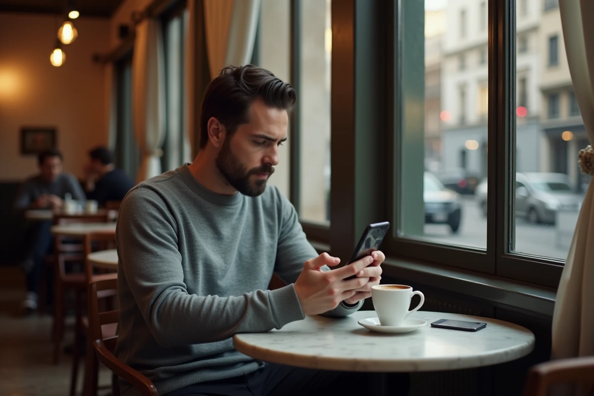 Homme célèbre assis seul dans un café parisien, regardant son téléphone saturé de notifications avec une expression d'épuisement mental