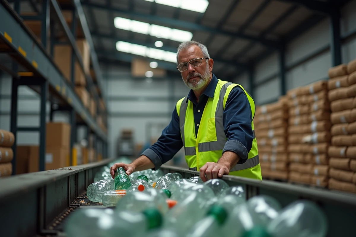 Ouvrier travaillant sur une chaîne de tri des déchets dans un centre de recyclage industriel en France