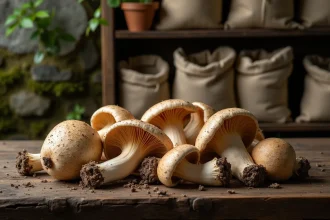 Champignons frais récoltés dans une cave sombre, légumes poussant sans soleil sur fond de murs en pierre