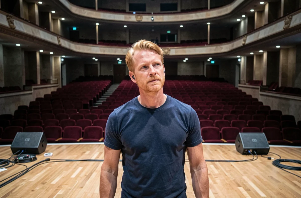 Chanteur roux en soundcheck sur scène d'une grande salle de concert vide, ambiance technique et professionnelle