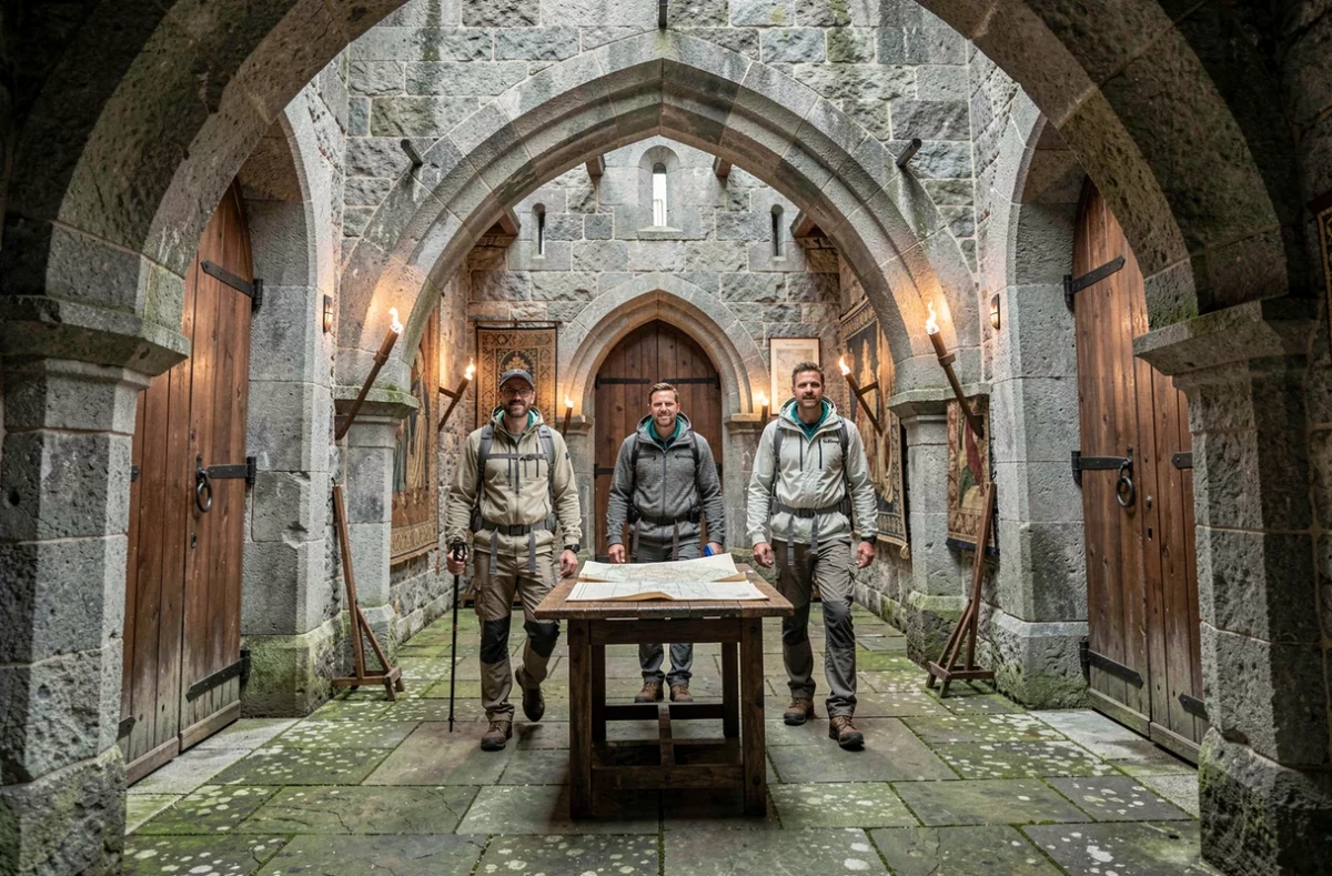 Participants explorant les couloirs en granit médiéval du Château de Kergroadez à Brélès lors d'un escape game en décor authentique