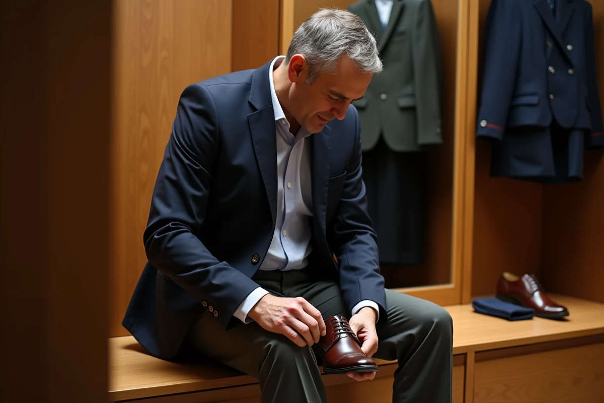 Homme qui lace ses chaussures Oxford dans une cabine d'essayage, soulignant le rôle central des chaussures dans une tenue élégante