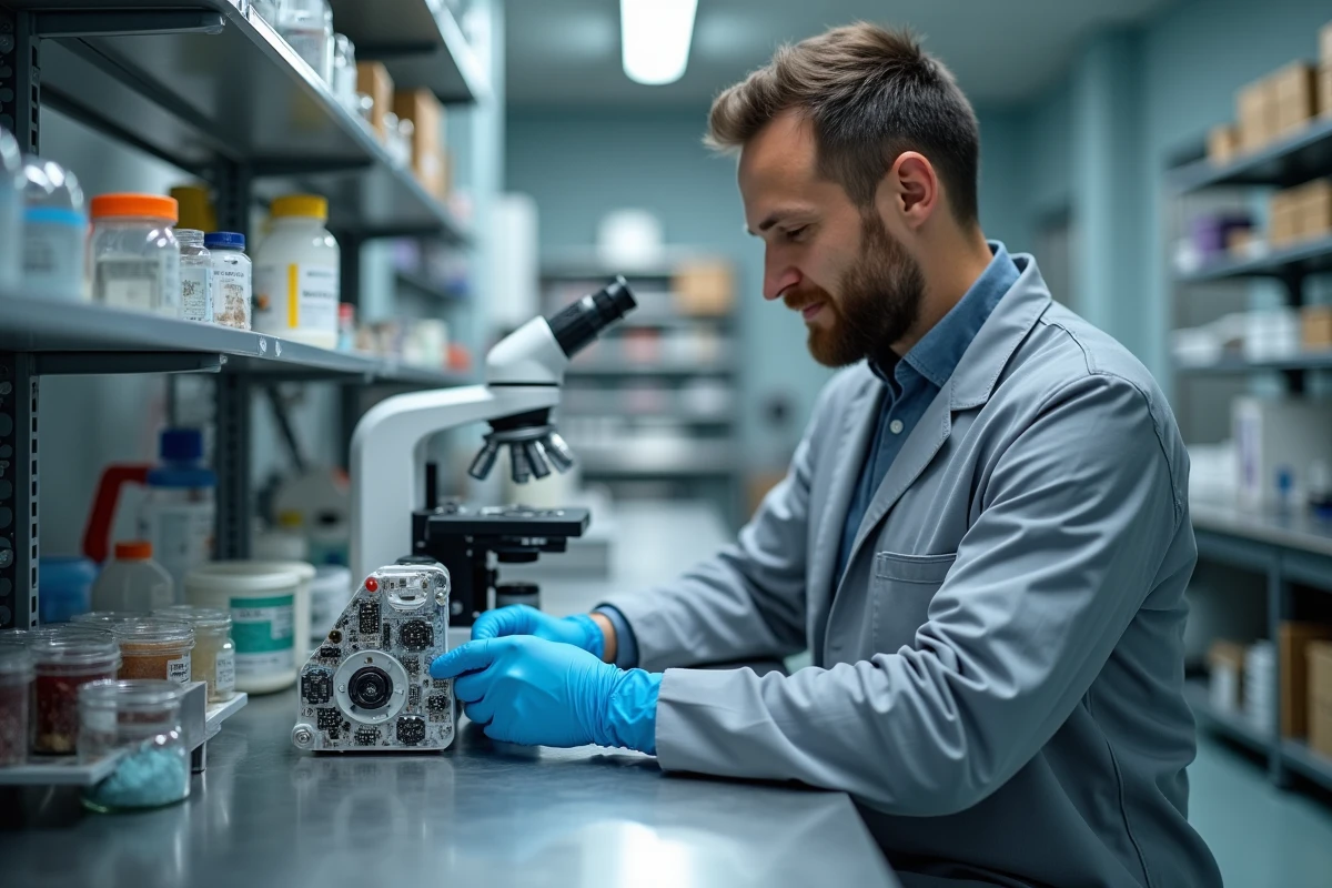Chercheur en biomédecine manipulant un prototype de robot chirurgical dans un laboratoire scientifique moderne