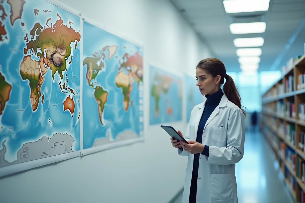 Chercheuse en géographie étudiant différents types d'espaces sur des cartes murales dans un laboratoire moderne