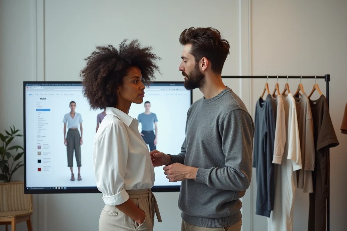 Designer de mode et collègue examinant ensemble un lookbook numérique sur écran dans un studio de mode contemporain