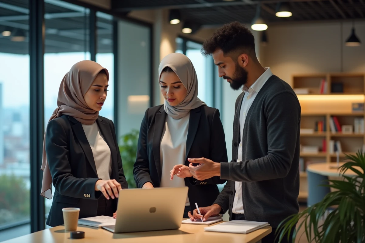 Collègues de cultures différentes collaborant à un poste de travail dans un espace de co-working inclusif