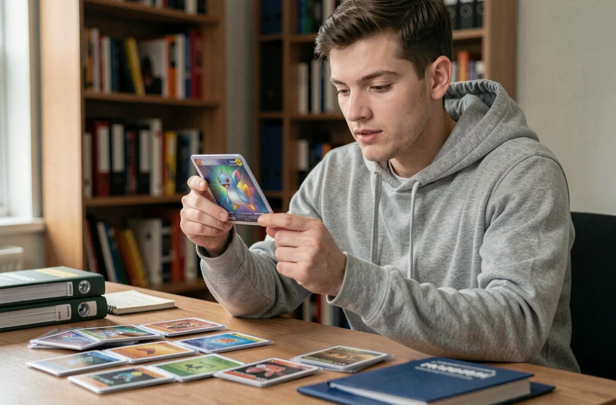 Jeune collectionneur inspectant une carte holographique Pokémon Méga Évolution à son bureau