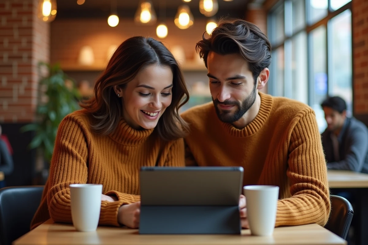 Deux collègues comparant les performances de différentes intelligences artificielles en traduction autour d'une tablette dans un café