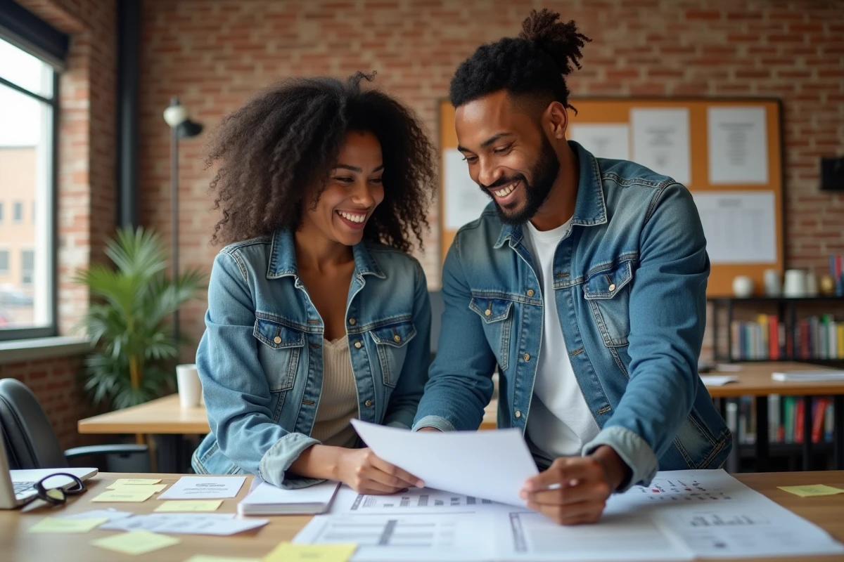Deux collègues de cultures différentes collaborant sur des documents de planification d'initiatives pour la diversité et l'inclusion dans un espace de coworking