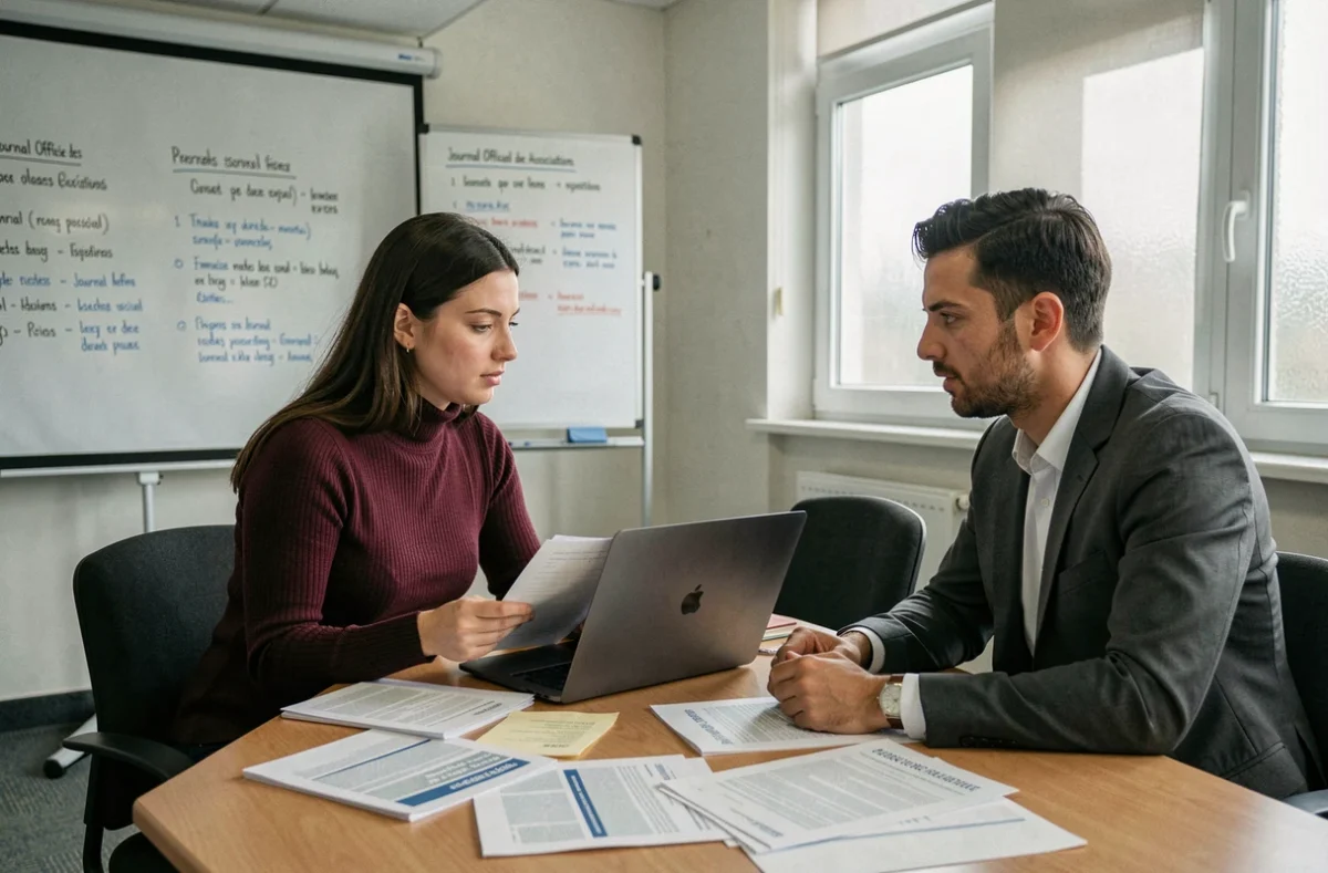 Deux collaborateurs d'une association discutant d'une parution au Journal Officiel des Associations et Fondations d'Entreprise lors d'une réunion administrative