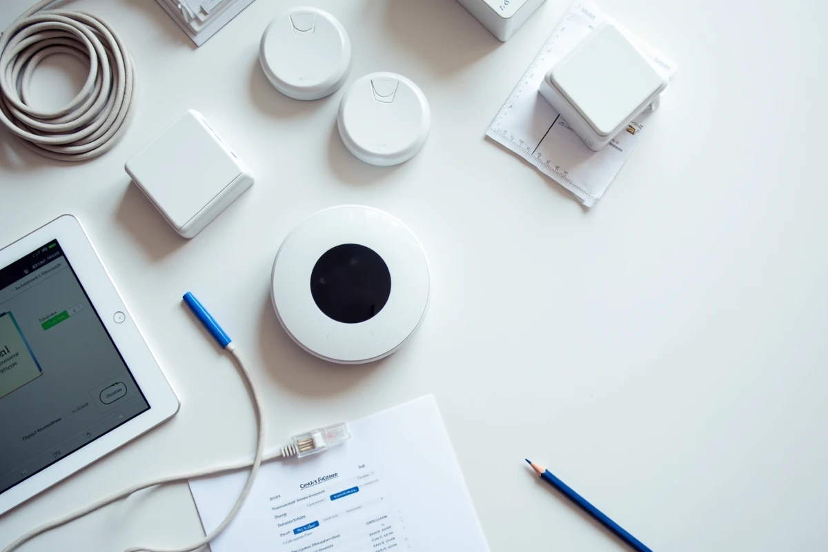 Composants d'un système de maison intelligente disposés avec un devis d'installation sur un bureau