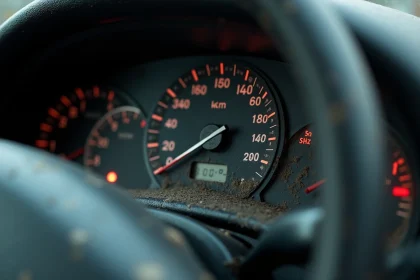 Compteur kilométrique usé d'une voiture d'occasion affichant plus de 250 000 km, illustrant les risques d'achat d'un véhicule à kilométrage élevé