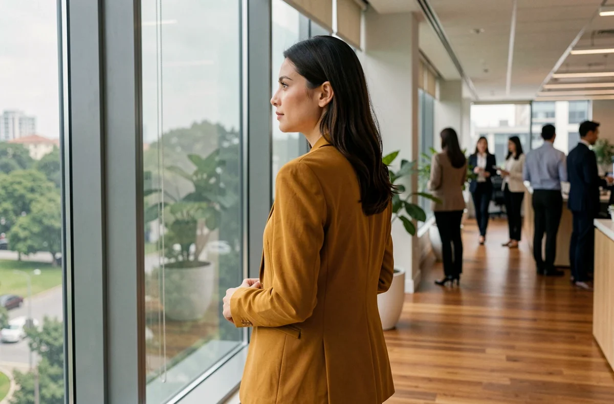 Une femme se tient seule près d'une fenêtre de bureau avec une expression de confiance en soi sereine et indépendante