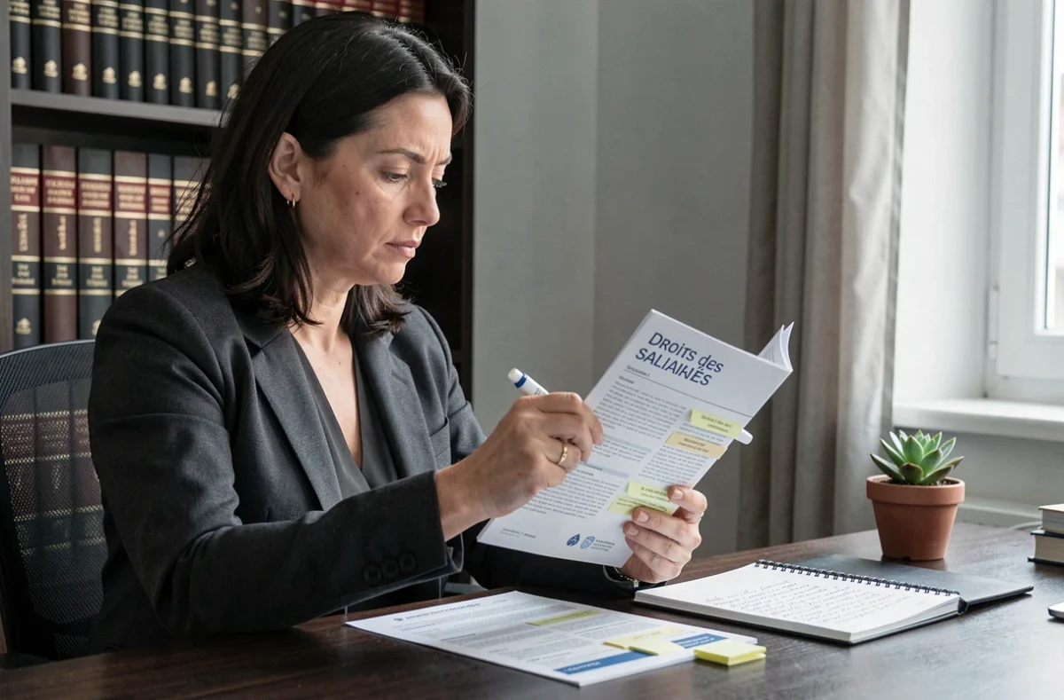 Une femme lit attentivement un document officiel sur ses droits en matière de harcèlement moral à son bureau