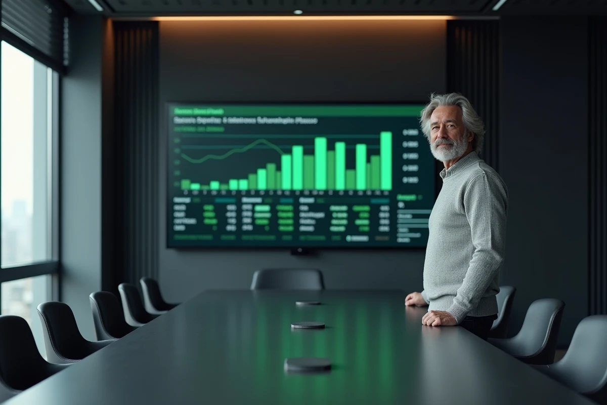 Conseiller financier présentant un tableau de bord ESG sur les ETF durables dans une salle de conférence