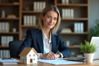 Conseillère en investissement immobilier analysant des documents fiscaux à son bureau