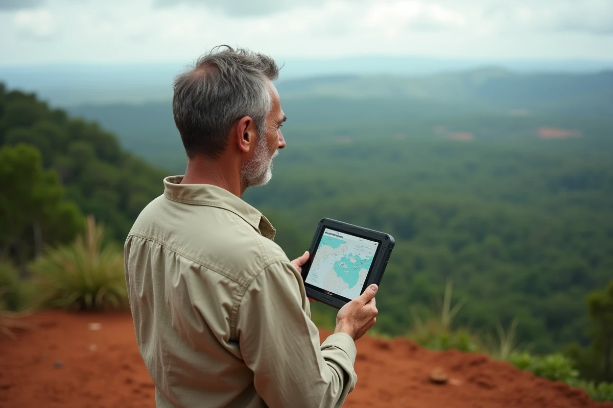 Conservationniste sur une colline tropicale consultant une application blockchain de surveillance de la déforestation sur tablette