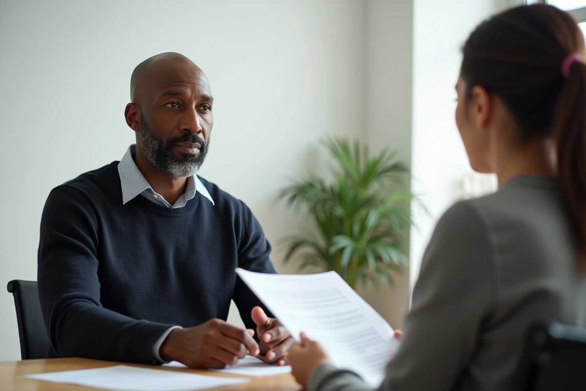 Homme victime de discrimination recevant des conseils juridiques d'une conseillère dans un centre d'aide communautaire