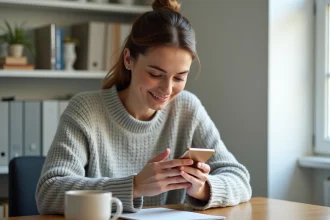 Femme consultant son numéro Lyca Mobile sur son smartphone dans un bureau à domicile