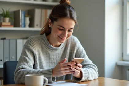 Femme consultant son numéro Lyca Mobile sur son smartphone dans un bureau à domicile