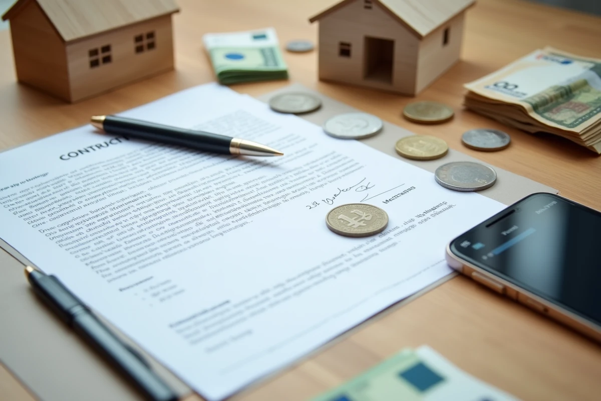 Vue aérienne d'un contrat de prêt hypothécaire avec maison miniature et billets sur un bureau en bois