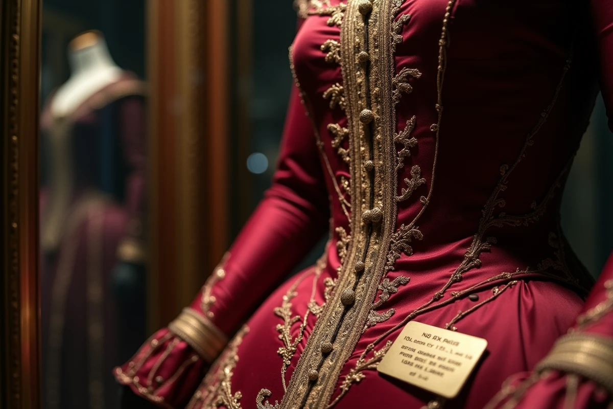 Détail d'un corsage haute couture victorien signé Worth exposé dans un musée, témoignant du travail du premier grand couturier Charles Frederick Worth fondateur de la haute couture