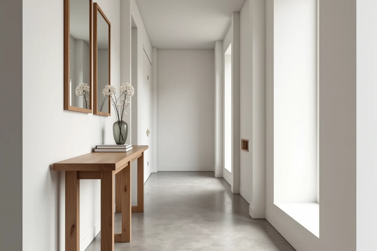 Couloir étroit d'appartement haussmannien agrandit avec miroirs alignés, console fine et rangements encastrés pour créer une illusion de profondeur