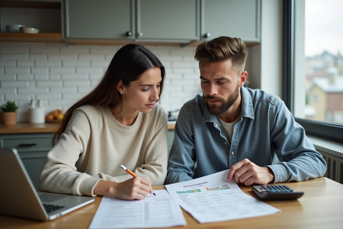 Jeune couple étudiant les documents d'un petit prêt hypothécaire à domicile