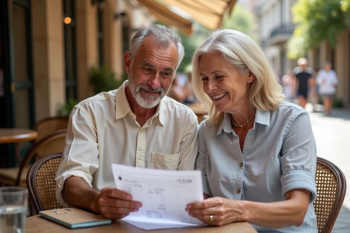 Couple mature planifiant leur épargne retraite autour d'une table de café en terrasse urbaine