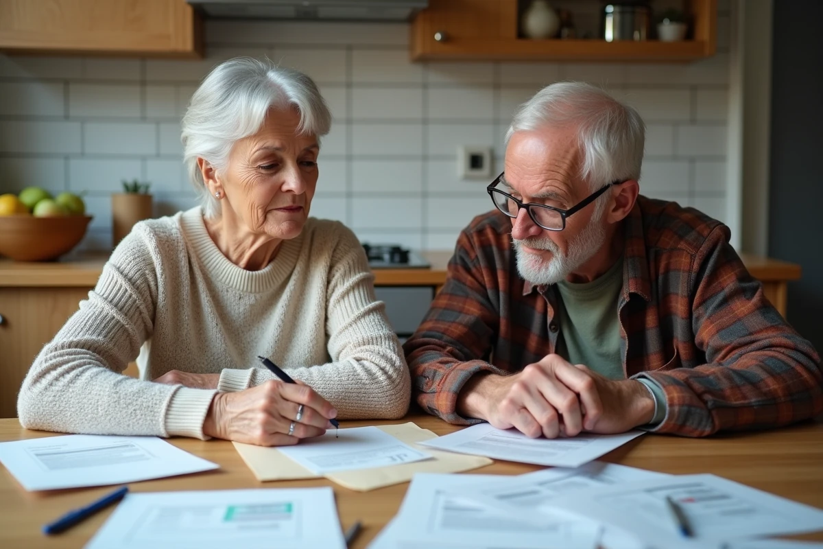 Couple de seniors rassemblant leurs documents administratifs à la maison pour préparer leur départ à la retraite