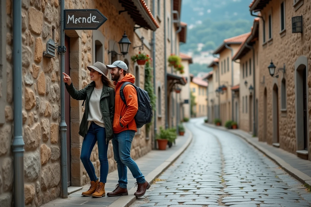 Couple de voyageurs riant devant un carrefour dans un village de montagne européen, représentant le sens de l'aventure partagée