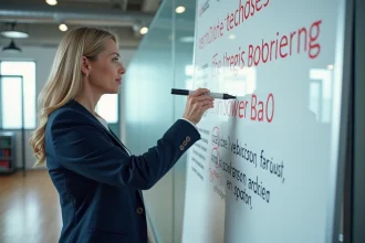 Une femme devant un tableau blanc rempli de slogans et de phrases clés dans un bureau moderne, illustrant la création des meilleurs slogans publicitaires