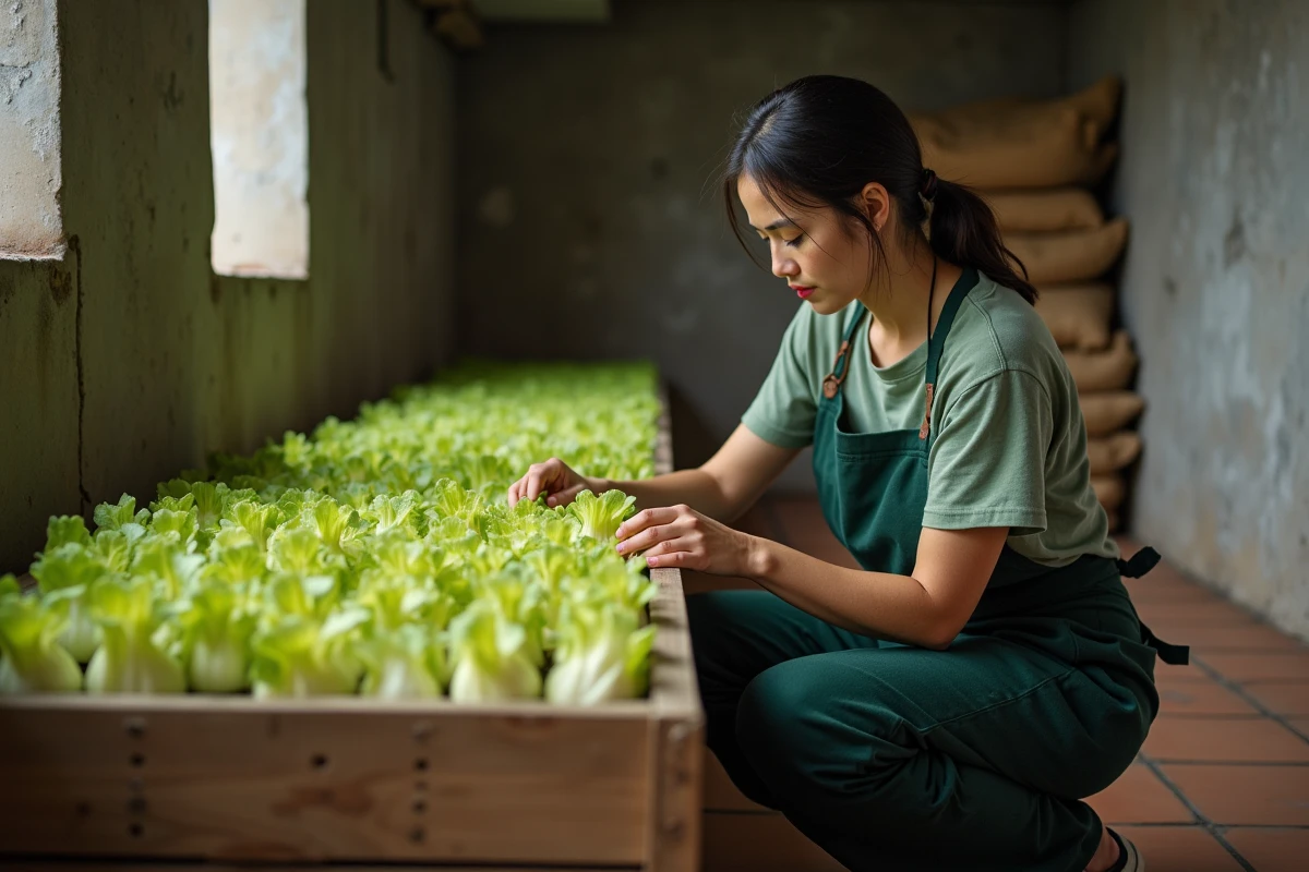 Femme cultivant des endives en cave sans lumière naturelle, légumes poussant à l'abri du soleil