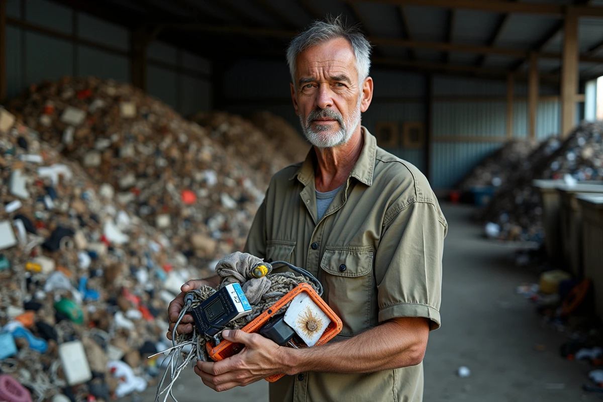 Homme triant des déchets électroniques et textiles dans un centre de recyclage débordant, illustrant l'impact environnemental et social de la surconsommation