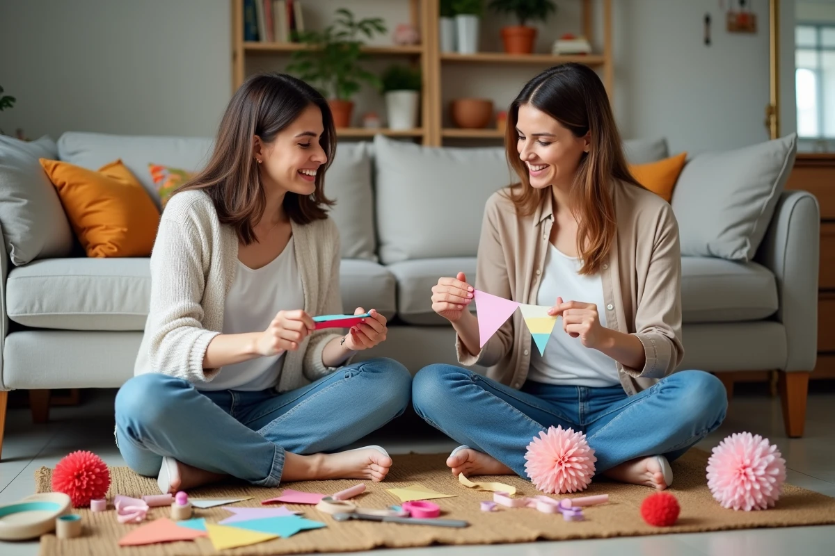 Deux femmes fabriquant des décorations de fête artisanales à la maison pour économiser sur le budget de leur événement