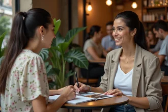Photographe professionnelle discutant d'une collaboration avec un modèle dans un café parisien, portfolio ouvert sur la table