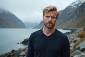 Portrait d'un homme scandinave aux traits vikings devant un fjord norvégien brumeux