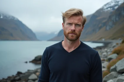 Portrait d'un homme scandinave aux traits vikings devant un fjord norvégien brumeux