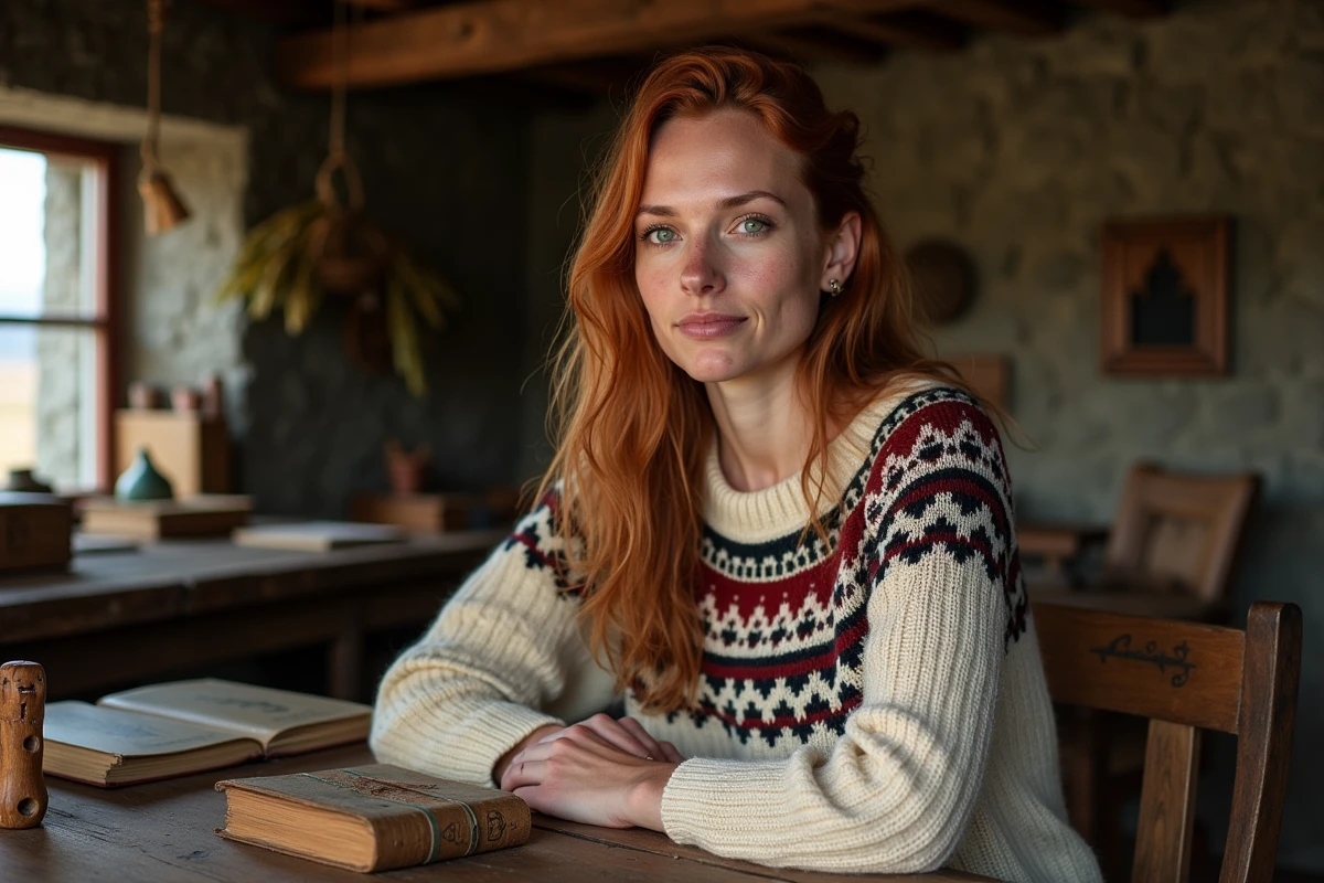Femme aux traits nordiques dans une ferme islandaise traditionnelle entourée d'artéfacts vikings