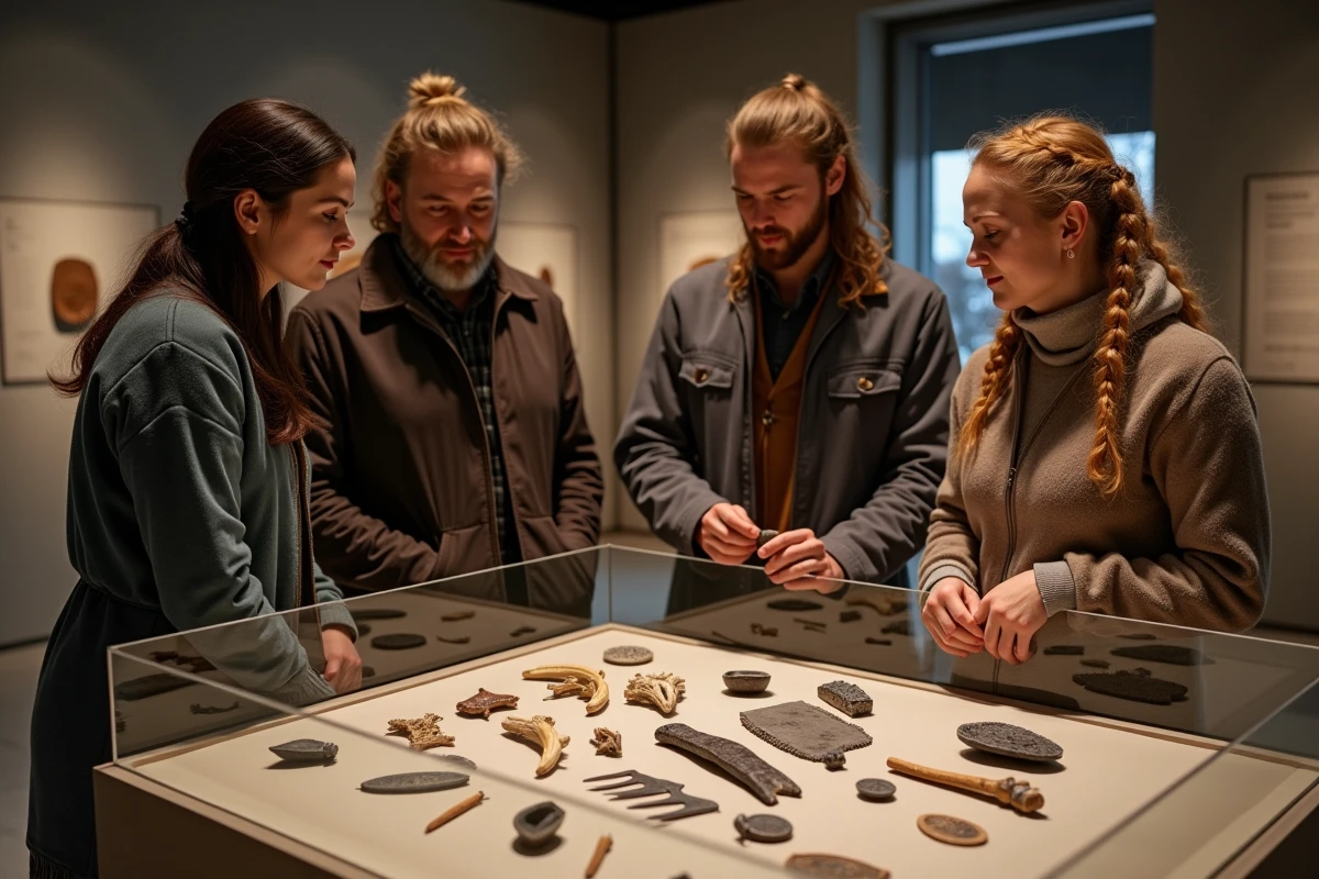 Groupe de descendants vikings examinant des artefacts archéologiques dans un musée scandinave moderne