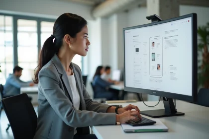 Designer UX analysant une interface utilisateur sur un grand écran dans un bureau moderne
