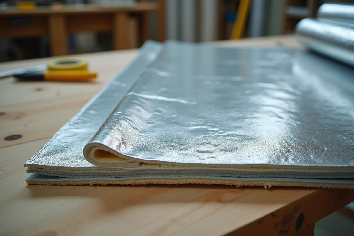 Gros plan sur les couches d'un isolant mince multicouche avec feuilles réfléchissantes et âme en mousse sur un établi