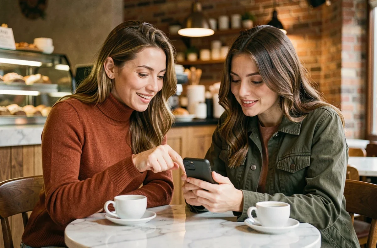 Deux femmes assises dans un café examinant ensemble un message sur un smartphone, illustrant la confusion fréquente entre tu m'envoies et tu m'envois en français
