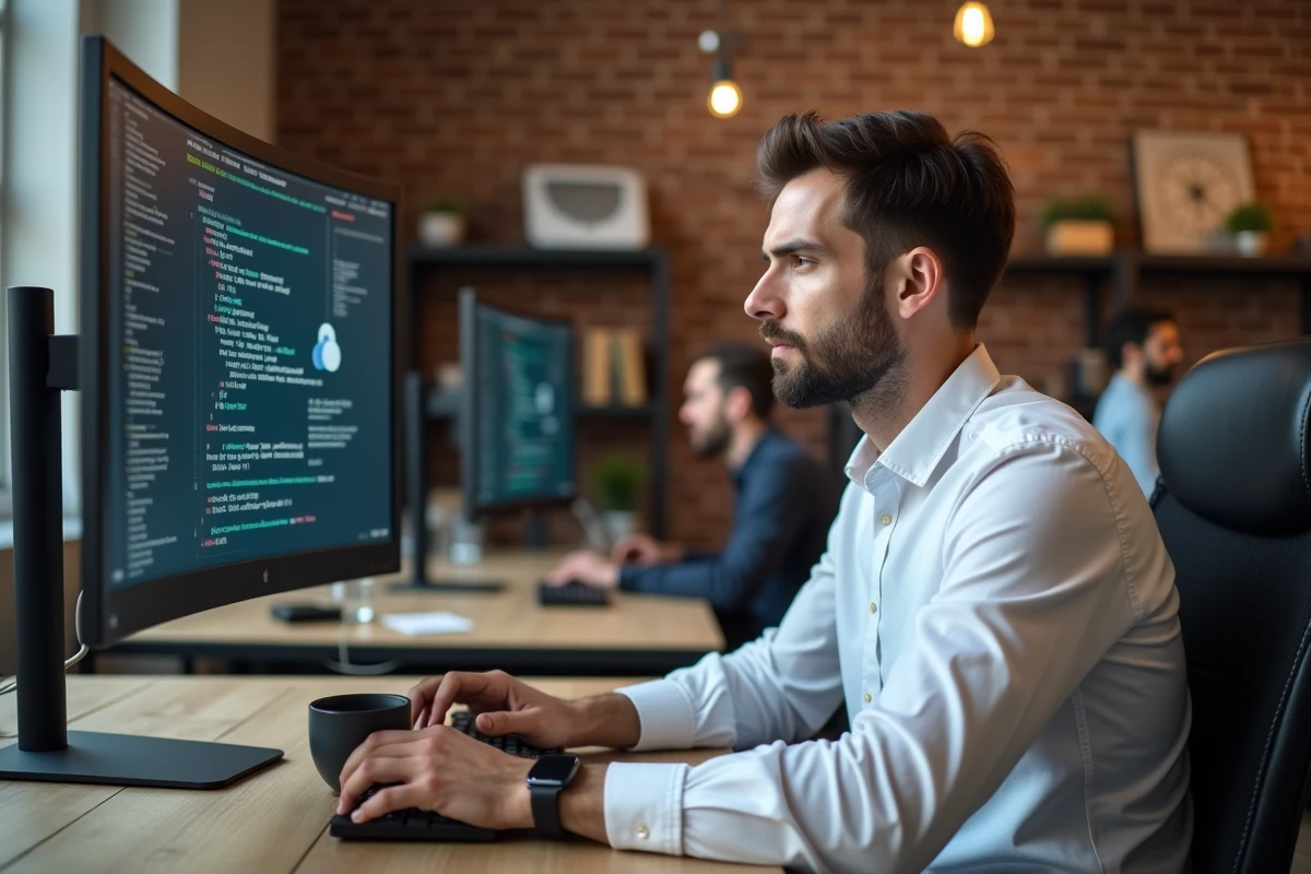Développeur informatique travaillant sur infrastructure cloud dans un espace de coworking moderne symbolisant la digitalisation des entreprises