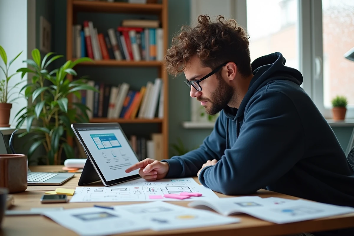 Développeur UI travaillant sur des maquettes d'interface utilisateur dans un bureau à domicile